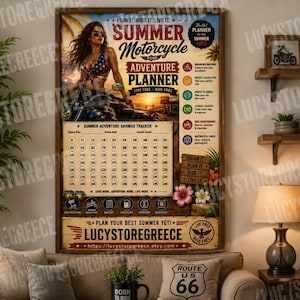 Zomer motoravontuurplannerAfdrukbaar, roadtripplanner, vakantieorganisator, motorfiets Lifestyle-dagboek, digitale download, besparingstracker