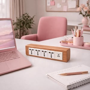 Wooden Power Strip with USB-C, Handmade Ash Wood Extension Cord for Modern Desk
