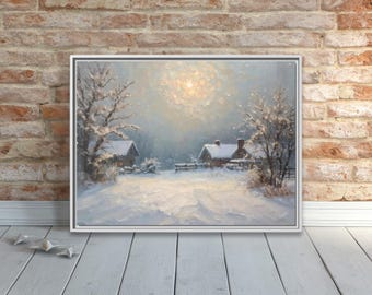 Tranquil Winter Scene Landscape Framed Canvas Print | Peaceful Snow Painting | Winter Nature Wall Art | Cozy Cabin Decor