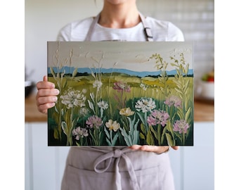Tabla de cortar de vidrio templado con diseño botánico y arte popular / Decoración de cocina sencilla con flores silvestres / Decoración rústica para el hogar con encanto natural