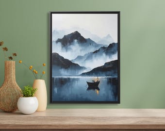 Mountain and Sea Gallery Wrapped Canvas Wall Art | Black and White Silhouette Landscape Painting | Ocean Mist Print for Tranquil Home Decor