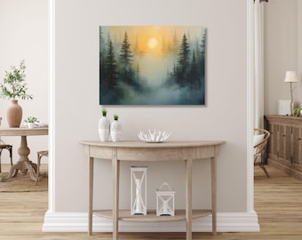 Misty Forest Landscape Framed Canvas Wall Art | Serene Nature Painting Print | Oil Style Gallery Wrap Print | Nature Lover Home Decor