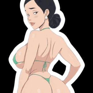 Op de afbeelding: Illustratie van een vrouw in een groene bikini, met een zwarte achtergrond. De vrouw heeft donker haar dat is vastgebonden, een lichte huid en kijkt over haar schouder. De bikini is lichtgroen.