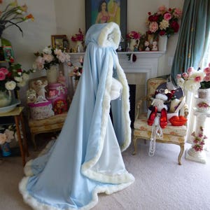 Something Blue & Dreamy Bridal Cape 52/67-inch Powder Blue / Ivory Satin Reversible Hooded with Fur Trim Wedding Cloak Handmade in USA image 8