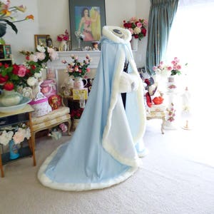 Something Blue & Dreamy Bridal Cape 52/67-inch Powder Blue / Ivory Satin Reversible Hooded with Fur Trim Wedding Cloak Handmade in USA image 6