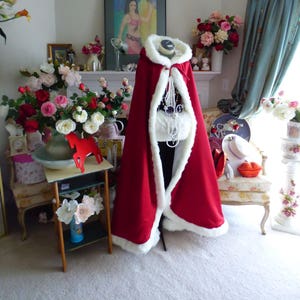 Valentine's Day Inspired Bridal Cape Claret (Apple Ruby) / Ivory Satin 52-inch Reversible Hooded wedding cloak with Fur Trim Handmade in USA