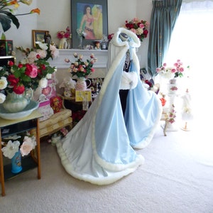 Something Blue & Dreamy Bridal Cape 52/67-inch Powder Blue / Ivory Satin Reversible Hooded with Fur Trim Wedding Cloak Handmade in USA image 1