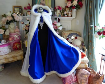 Independence Day Bridal Cape 52-inch Full-Length Royal-Blue / Ivory Satin Wedding Cloak Reversible Hooded with Fake Fur Trim Handmade in USA