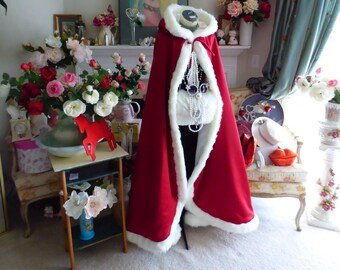 Valentine's Day Inspired Bridal Cape Claret (Apple Ruby) / Ivory Satin 52-inch Reversible Hooded wedding cloak with Fur Trim Handmade in USA