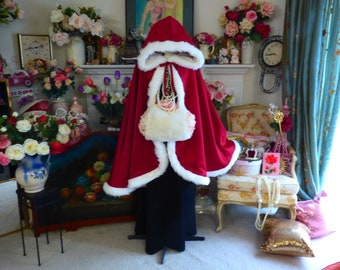 Christmas Bridal Cape Medium-Length Claret (Apple Red) / IVORY Satin 37-inch Reversible Hooded with Fur trim Wedding Cloak Handmade in USA