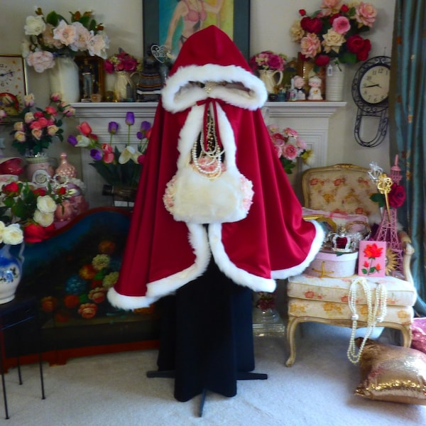 Christmas Bridal Cape Medium-Length Claret (Apple Red) / IVORY Satin 37-inch Reversible Hooded with Fur trim Wedding Cloak Handmade in USA