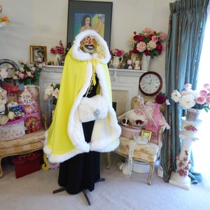 Easter Princess Bridal Cape 37 inch Medium-cape Lemon Yellow / Ivory Satin Reversible Hooded with Fur trim Wedding Cloak Handmade in USA image 1