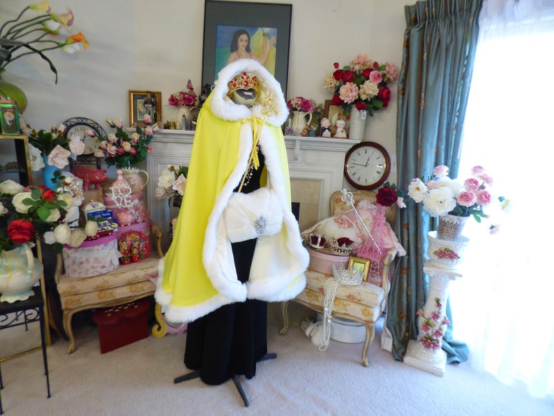 Easter Princess Bridal Cape 37 inch Medium-cape Lemon Yellow / Ivory Satin Reversible Hooded with Fur trim Wedding Cloak Handmade in USA image 1