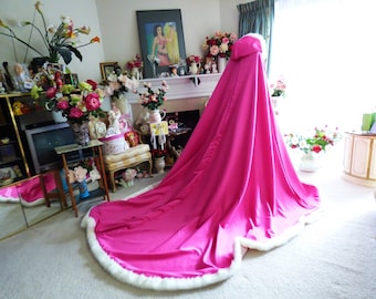 Valentine Queen Bridal Cape Pageant-Train 55/104 inch Hot-Pink / Pink Satin Wedding Cloak Hooded Reversible with Fur Trim Handmade in USA