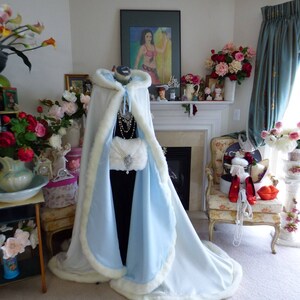 Something Blue & Dreamy Bridal Cape 52/67-inch Powder Blue / Ivory Satin Reversible Hooded with Fur Trim Wedding Cloak Handmade in USA image 7