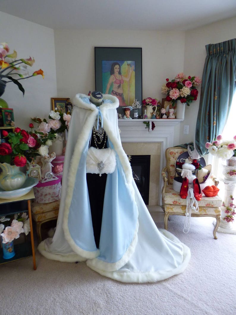 Something Blue & Dreamy Bridal Cape 52/67-inch Powder Blue / Ivory Satin Reversible Hooded with Fur Trim Wedding Cloak Handmade in USA image 7