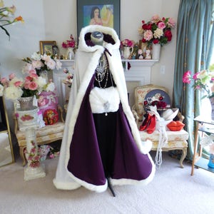 Classic beautiful Bridal Cape 52-inch Full Length Grape Purple / IVORY Satin Wedding Cloak Hooded with Fur Trim Handmade in USA image 4