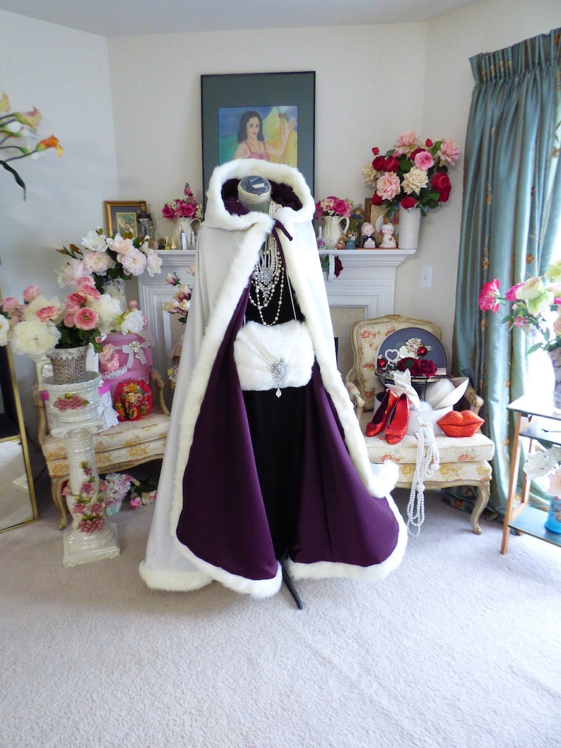 Classic beautiful Bridal Cape 52-inch Full Length Grape Purple / IVORY Satin Wedding Cloak Hooded with Fur Trim Handmade in USA image 4