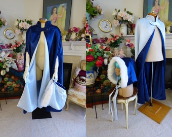 Victorian 52" Ankle-Length Bright-Navy/ Powder-Blue Satin Man-Cape Reversible with Arm-Slits + matching Hoodie with Fur Trim Handmade in USA