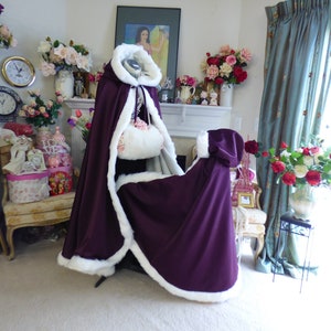 Classic beautiful Bridal Cape 52-inch Full Length Grape Purple / IVORY Satin Wedding Cloak Hooded with Fur Trim Handmade in USA image 3