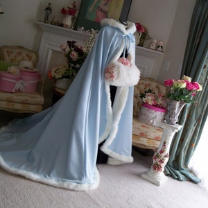 Something Blue & Dreamy Bridal Cape 52/67-inch Powder Blue / Ivory Satin Reversible Hooded with Fur Trim Wedding Cloak Handmade in USA image 3