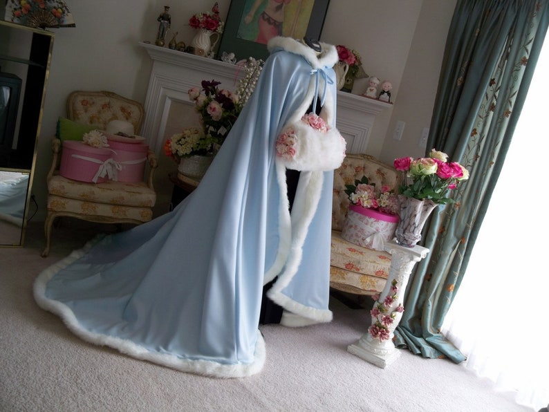 Something Blue & Dreamy Bridal Cape 52/67-inch Powder Blue / Ivory Satin Reversible Hooded with Fur Trim Wedding Cloak Handmade in USA image 3