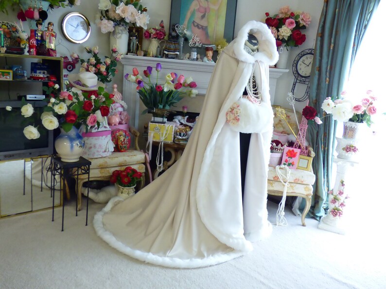 Boudoir Photography 52/67-inch Bridal Cape Champagne / Ivory Satin wedding cloak Hooded Reversible with Fake Fur Trim Handmade in USA image 1