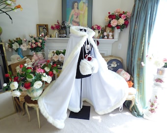 Snow Ice Princess Bridal cape 52- inch White / White Satin wedding cloak Hooded Reversible with Fake Fur trim Handmade in USA