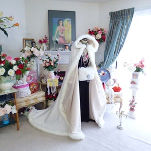 Boudoir Photography 52/67-inch Bridal Cape Champagne / Ivory Satin wedding cloak Hooded Reversible with Fake Fur Trim Handmade in USA image 9