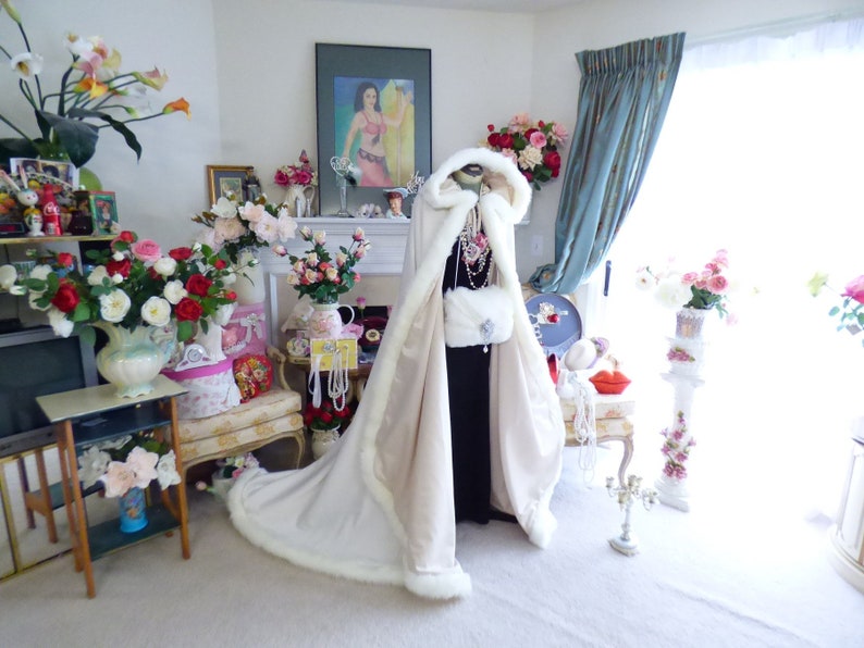 Boudoir Photography 52/67-inch Bridal Cape Champagne / Ivory Satin wedding cloak Hooded Reversible with Fake Fur Trim Handmade in USA image 9