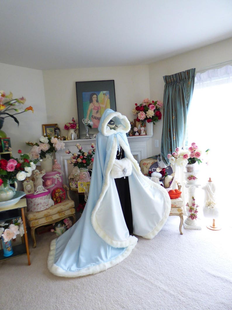 Something Blue & Dreamy Bridal Cape 52/67-inch Powder Blue / Ivory Satin Reversible Hooded with Fur Trim Wedding Cloak Handmade in USA image 2