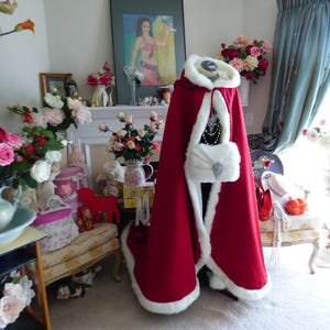 Valentine's Day Inspired Bridal Cape Claret (Apple Ruby) / Ivory Satin 52-inch Reversible Hooded wedding cloak with Fur Trim Handmade in USA
