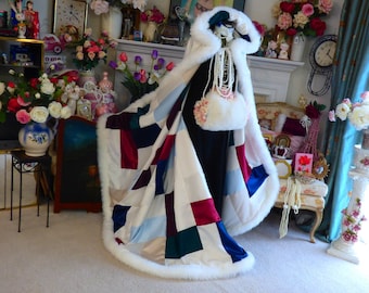 Patchwork-Quilt 52/67 Inch Cloak of Many Colors of Satin Bridal Cape Ode to Gustav Klimt Hooded Reversible with Fur trim Handmade In The USA