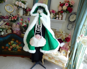 Irish Saint Patrick's Day Medium-Length 37-inch Shamrock-Green/Ivory Satin Bridal Cape Reversible Hooded with fur trim Handmade in USA