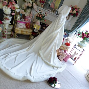 Winter Queen Bridal Cape 52/96 inch Pageant Train Ivory / Ivory Satin Reversible Hooded with Fur Trim Wedding Cloak Handmade in USA image 4