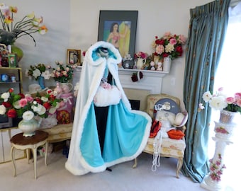 Princess of the Sea 52-inch Full Length Aqua-Blue / Ivory Satin Bridal Cape Reversible Hooded with Fur Trim Wedding Cloak Handmade in USA