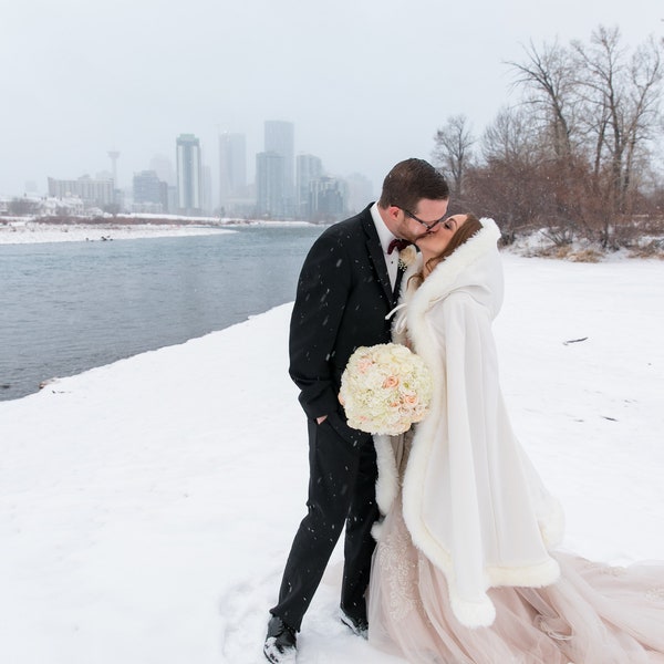 Winter Queen Bridal Cape Medium-length 37-inch Ivory / Ivory Satin Wedding Cloak Reversible Hooded with Fur trim Handmade in USA