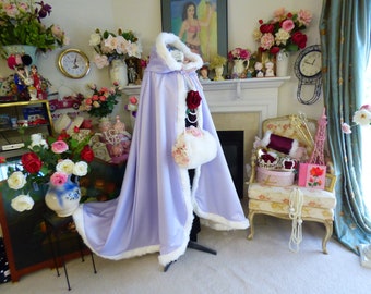 Summer Garden Party Floor-Length 52-inch Bridal Cape Pale-Lilac / Ivory Satin Hooded Reversible Cloak with Fur Trim HandMade In USA