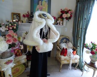 Bridal Mini Adult-Waist-Length 20-inch Champagne/ IVORY Satin Bridal Cape wedding Cloak Reversible Hooded With Fake Fur Trim Handmade In USA