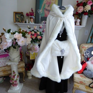 Winter Queen Bridal Cape Medium-length 37-inch Ivory / Ivory Satin Wedding Cloak Reversible Hooded with Fur trim Handmade in USA image 10