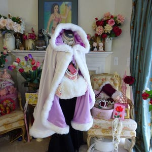 Rapunzel Bridal cape Mid-Length 37-inch Lavender-Lilac / Ivory Satin wedding cloak Reversible Hooded with fur trim Handmade in USA