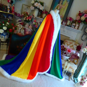 LGBTQ-Pride Wedding Cape Reversible Rainbow/ White Satin V-Neck Cloak 54/75-inch Royal Train Vertical-striped with Fur Trim Handmade in USA