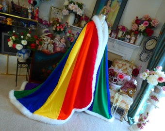 LGBTQ-Pride Wedding Cape Reversible Rainbow/ White Satin V-Neck Cloak 54/75-inch Royal Train Vertical-striped with Fur Trim Handmade in USA