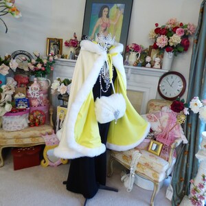 Easter Princess Bridal Cape 37 inch Medium-cape Lemon Yellow / Ivory Satin Reversible Hooded with Fur trim Wedding Cloak Handmade in USA image 3