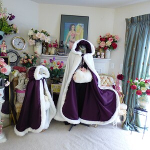 Classic beautiful Bridal Cape 52-inch Full Length Grape Purple / IVORY Satin Wedding Cloak Hooded with Fur Trim Handmade in USA image 10
