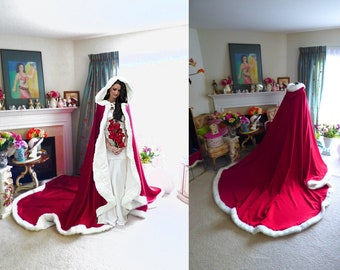 Queen of Red Hearts Bridal Cape Pageant-Train 52/96 inch Claret (Dark Red) / Ivory Satin Wedding Cloak Hooded with Fur Trim Handmade in USA