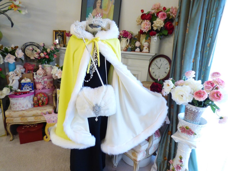 Easter Princess Bridal Cape 37 inch Medium-cape Lemon Yellow / Ivory Satin Reversible Hooded with Fur trim Wedding Cloak Handmade in USA image 8