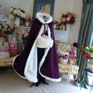 Classic beautiful Bridal Cape 52-inch Full Length Grape Purple / IVORY Satin Wedding Cloak Hooded with Fur Trim Handmade in USA image 1