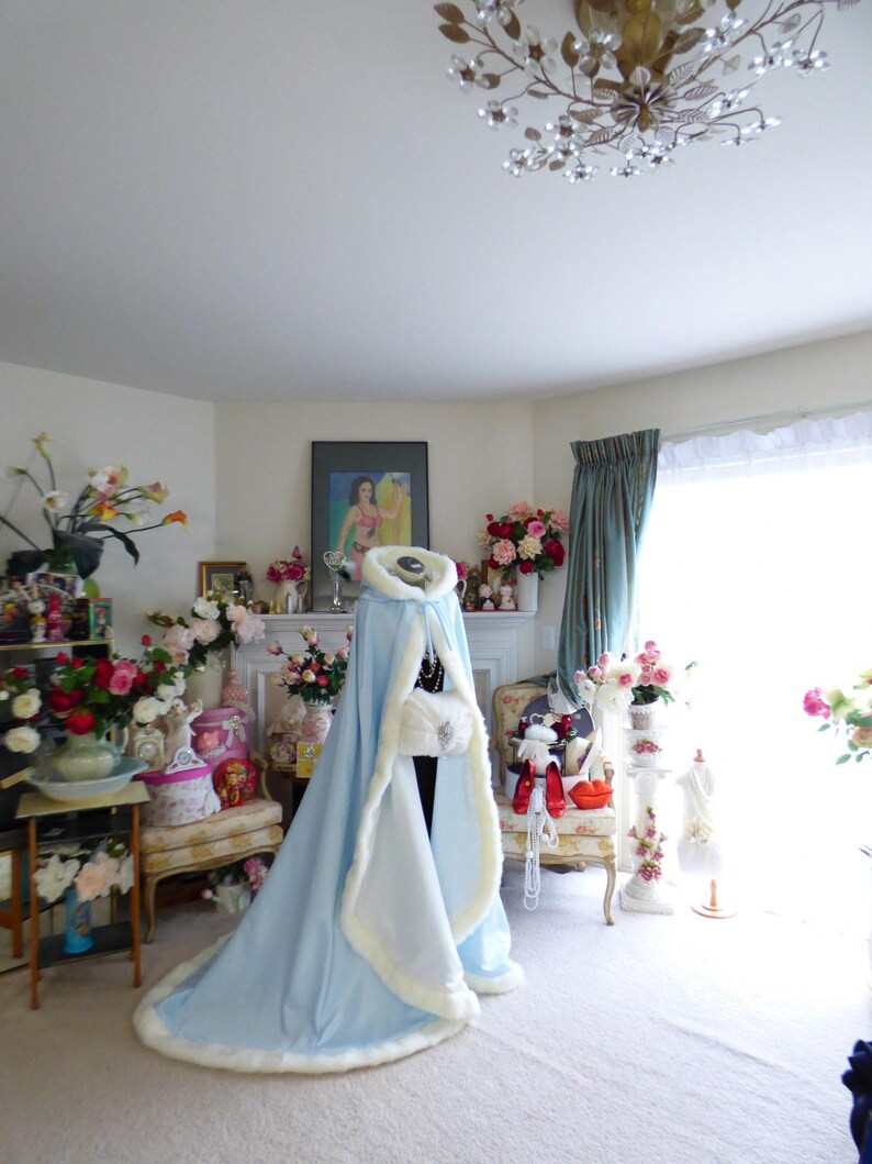 Something Blue & Dreamy Bridal Cape 52/67-inch Powder Blue / Ivory Satin Reversible Hooded with Fur Trim Wedding Cloak Handmade in USA image 5