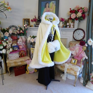 Easter Princess Bridal Cape 37 inch Medium-cape Lemon Yellow / Ivory Satin Reversible Hooded with Fur trim Wedding Cloak Handmade in USA image 9